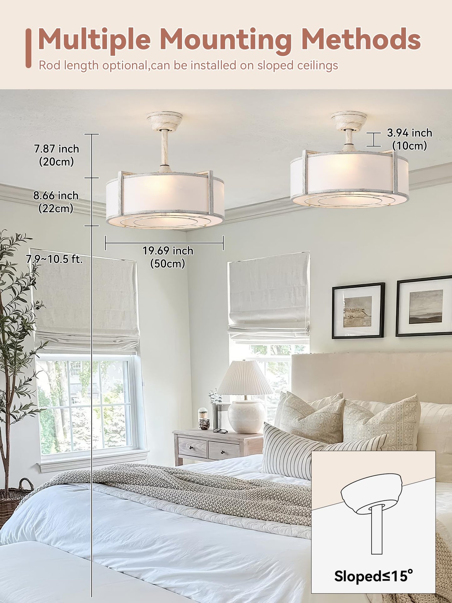 Ymkskj 20 White Fandelier Ceiling Fans With Lights, Boho Rattan Ceiling Fan With Light Remote Control, Caged Mid-Century Modern