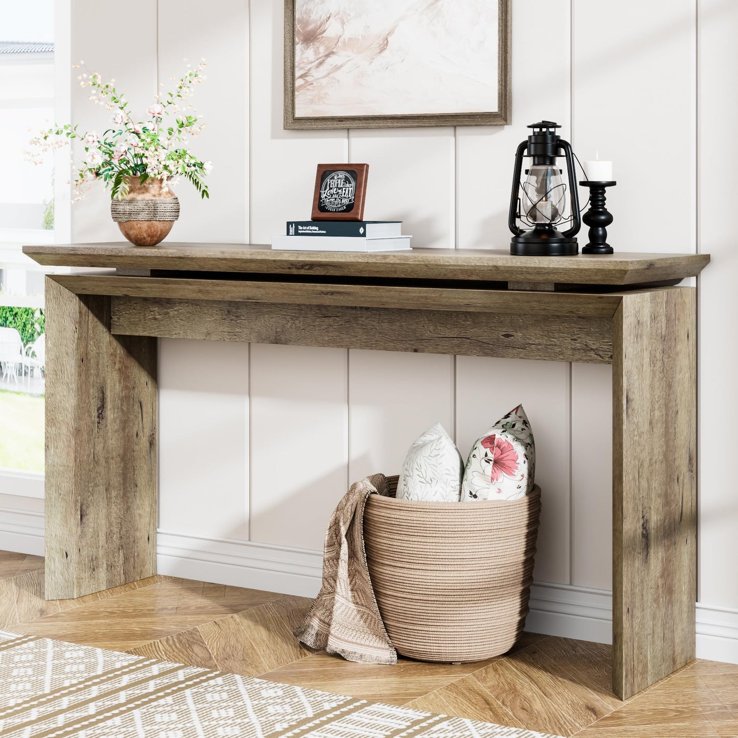 Long Console Table 58 Inch, Farmhouse Hallway Entryway Table, Narrow Wood Sofa Table Behind Couch, Entrance Entry Way Furniture for Living Room, Foyer, Large, Easy Assembly