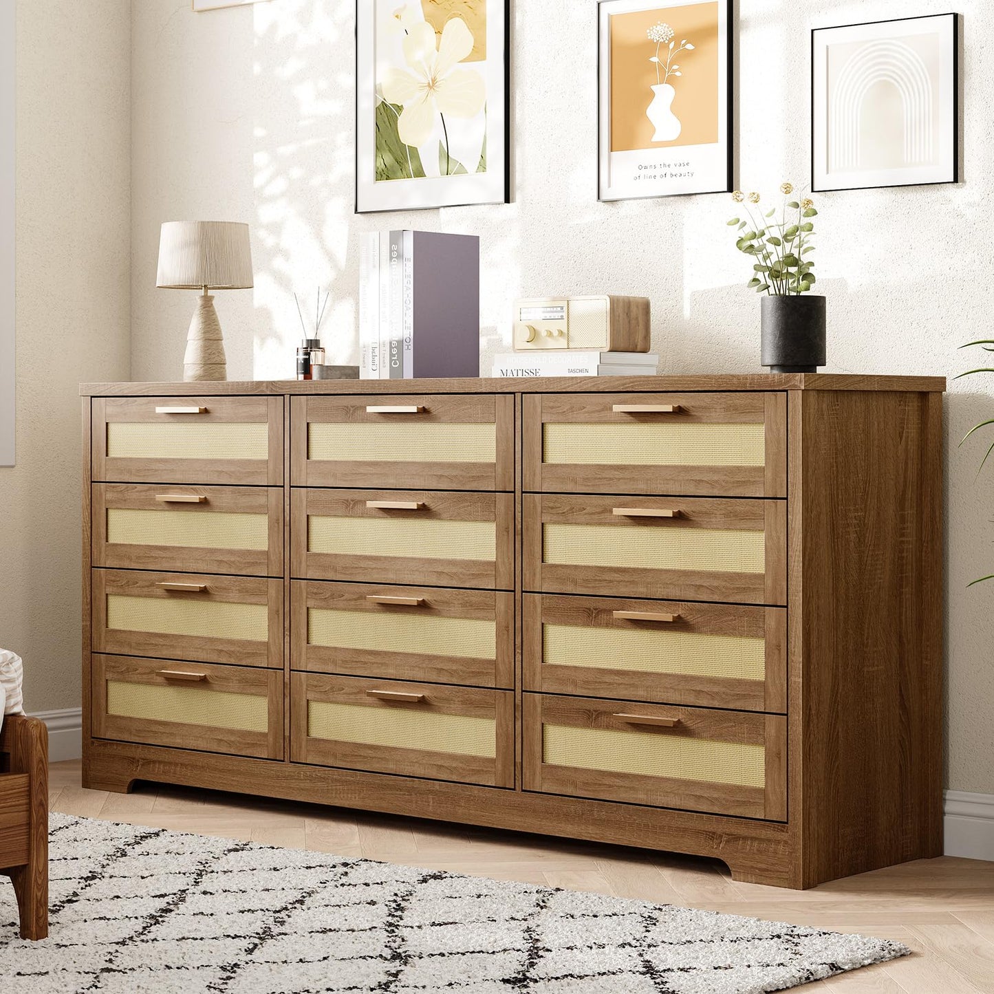 Hipicute 12 Drawer Dresser for Bedroom, Modern Rattan Chest of Drawers, Wood Storage Organizer with Rattan Panel Drawers and Handles, for Nursery, Entryway, Living Room, Natural
