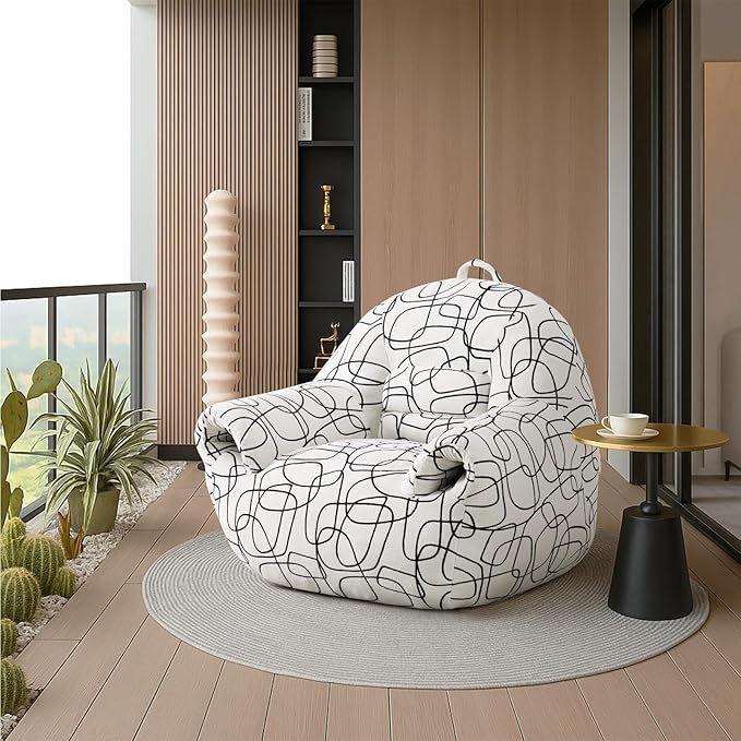 Peace nest Bean Bag Chair with Memory Foam Filled Ultra Soft Jacquard Pattern Cover for Adults Comfy Fur Bean Bag Chairs with Armrests for Bedroom Living Room Office Dorm Reading Lines