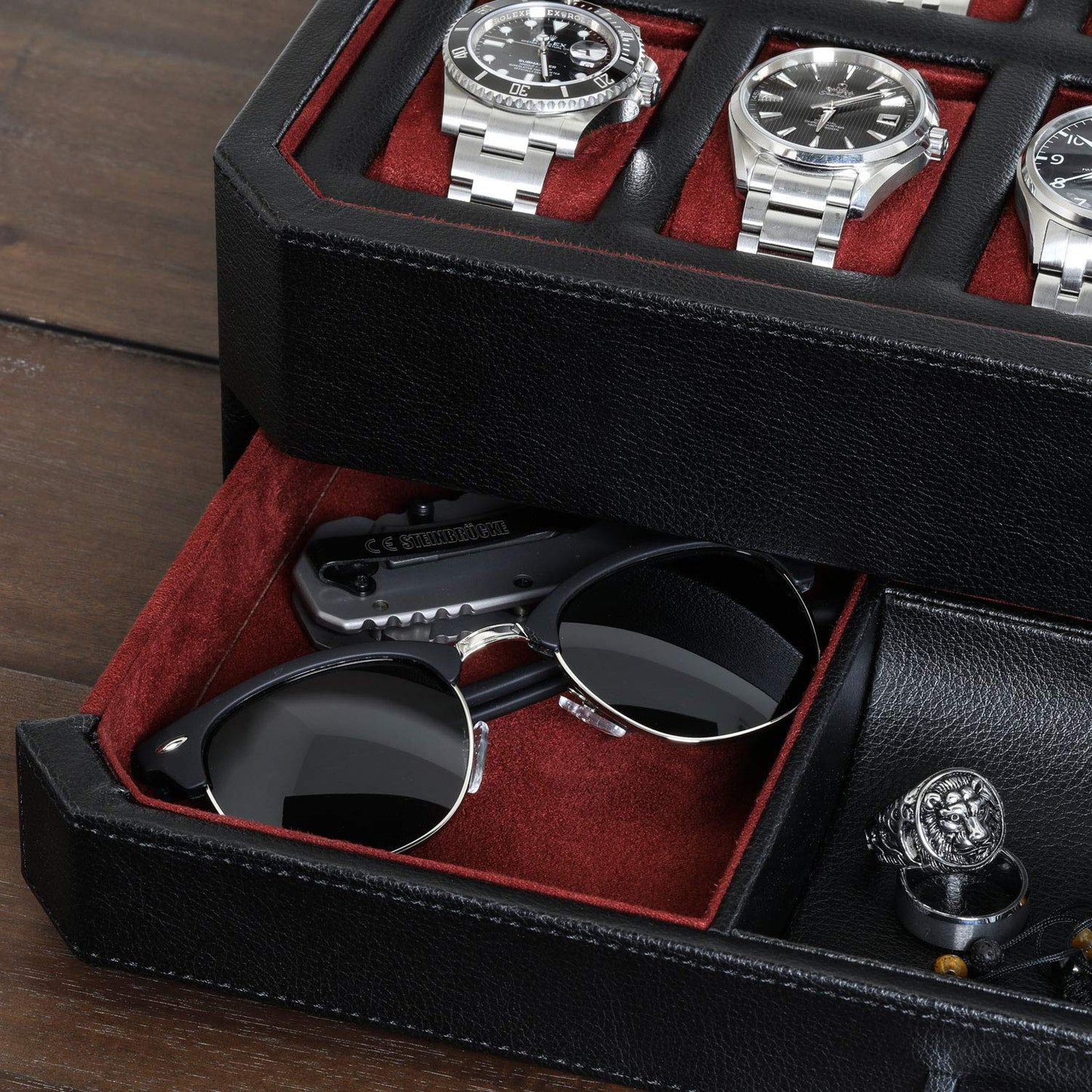 ROTHWELL 12 Slot Leather Watch Box with Valet Drawer - 12 Slot Luxury Watch Case Display Organizer, Microsuede Liner, Mens Accessories Holder, Jewelry Case, Jewelry Display Organizer - Black/Red