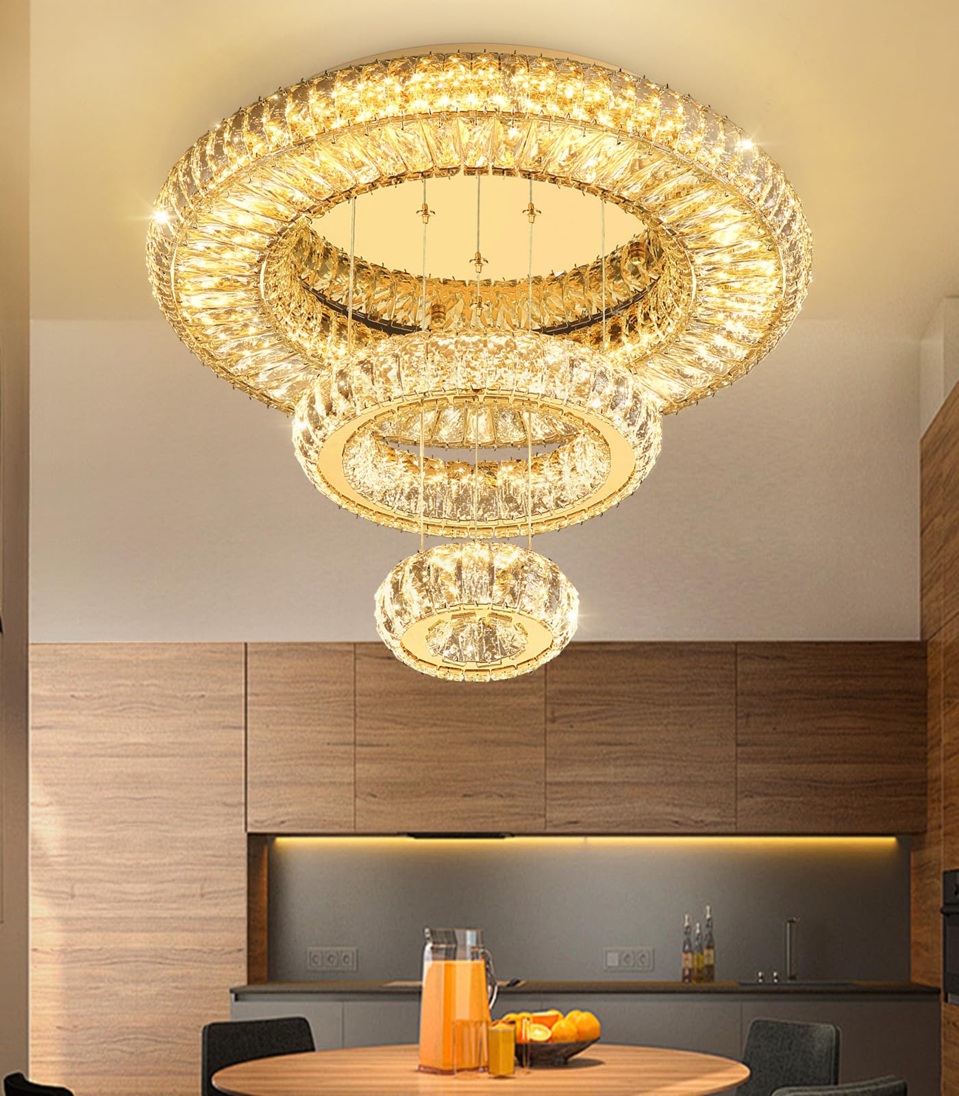 24'' Modern Crystal Chandeliers for Living Room LED Dimmable Ceiling Light Fixtures for Flush Mount Light for Bedrooms Foyer Hallway Entryway Gold