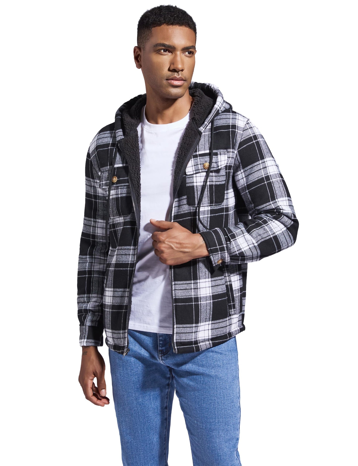 Ephemoca Men's Fleece Flannel Jacket Zip Up Plaid Cotton Hoodie Sherpa Lined Shirt Jacket Winter Warm Coats with Hood Black Large