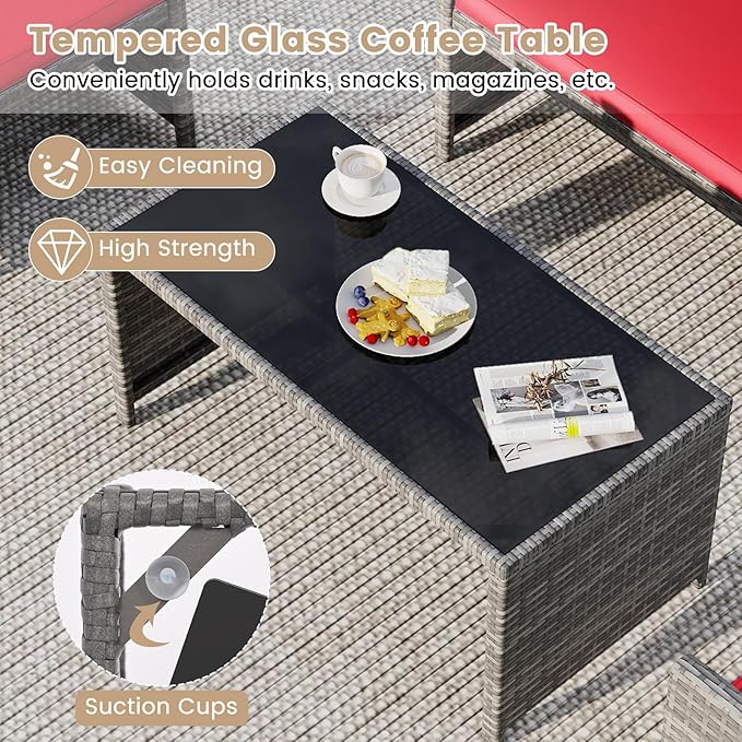Tangkula 8 Piece Patio Wicker Furniture Set, Outdoor Heavy Duty Rattan Cushioned Chairs, Loveseat and Tempered Glass Coffee Table, for Backyard, Balcony, Poolside Red