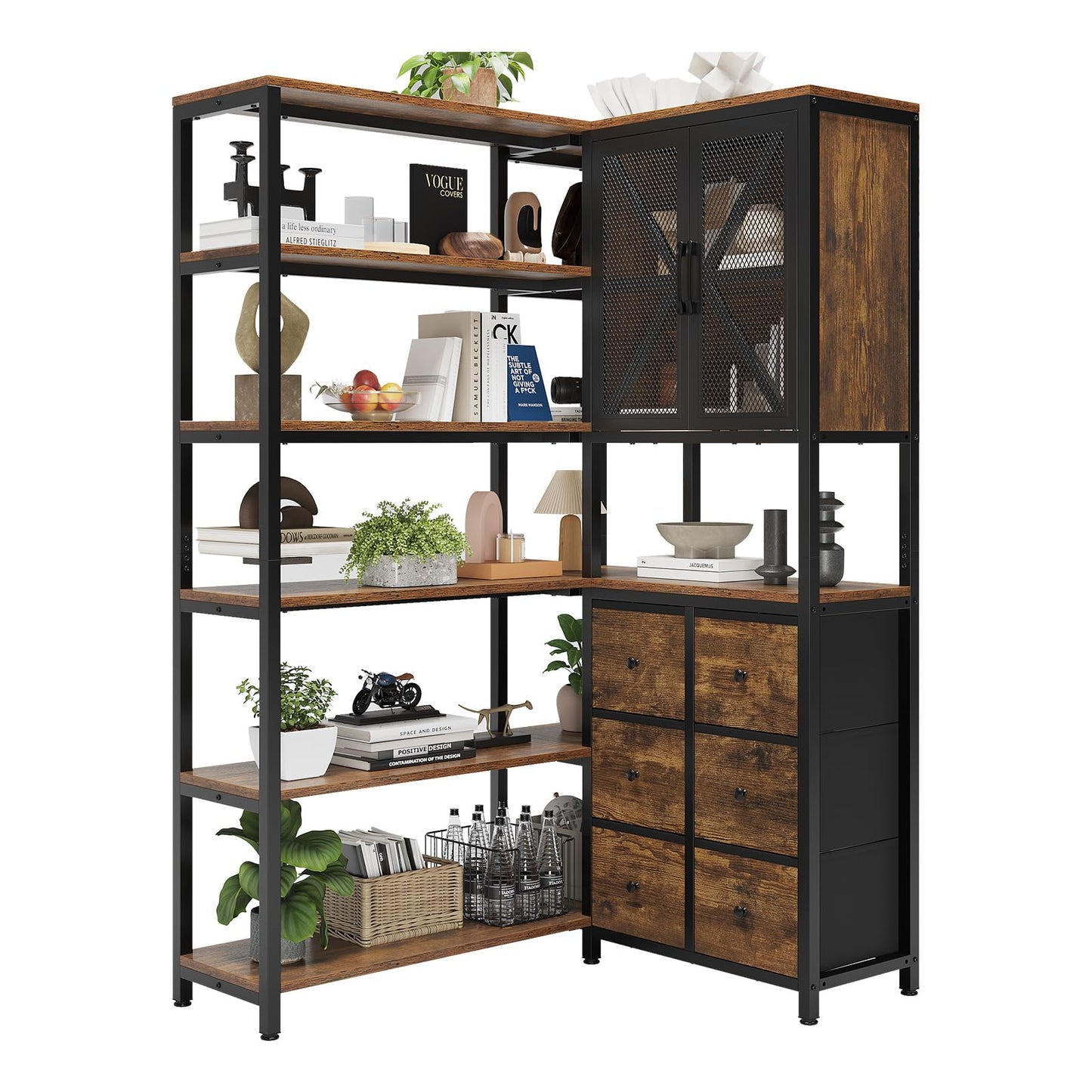 HAUOMS Corner Bookshelf, 6 Tier Industrial Convertible Bookshelf with 6 Fabric Drawers, Corner Bookcase Large L Shaped Storage Display Shelf for Home Office, Living Room, Kitchen, Rustic Brown