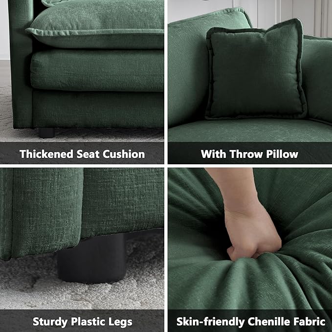 mikibama Luxury Loveseat Sofa Couch, 76" Modern Chenille Deep 2-Seat Cloud Couch with 2 Armrest Pillows & 2 Toss Pillows, Love Seat for Living Room Bedroom Office Apartment, Evergreen