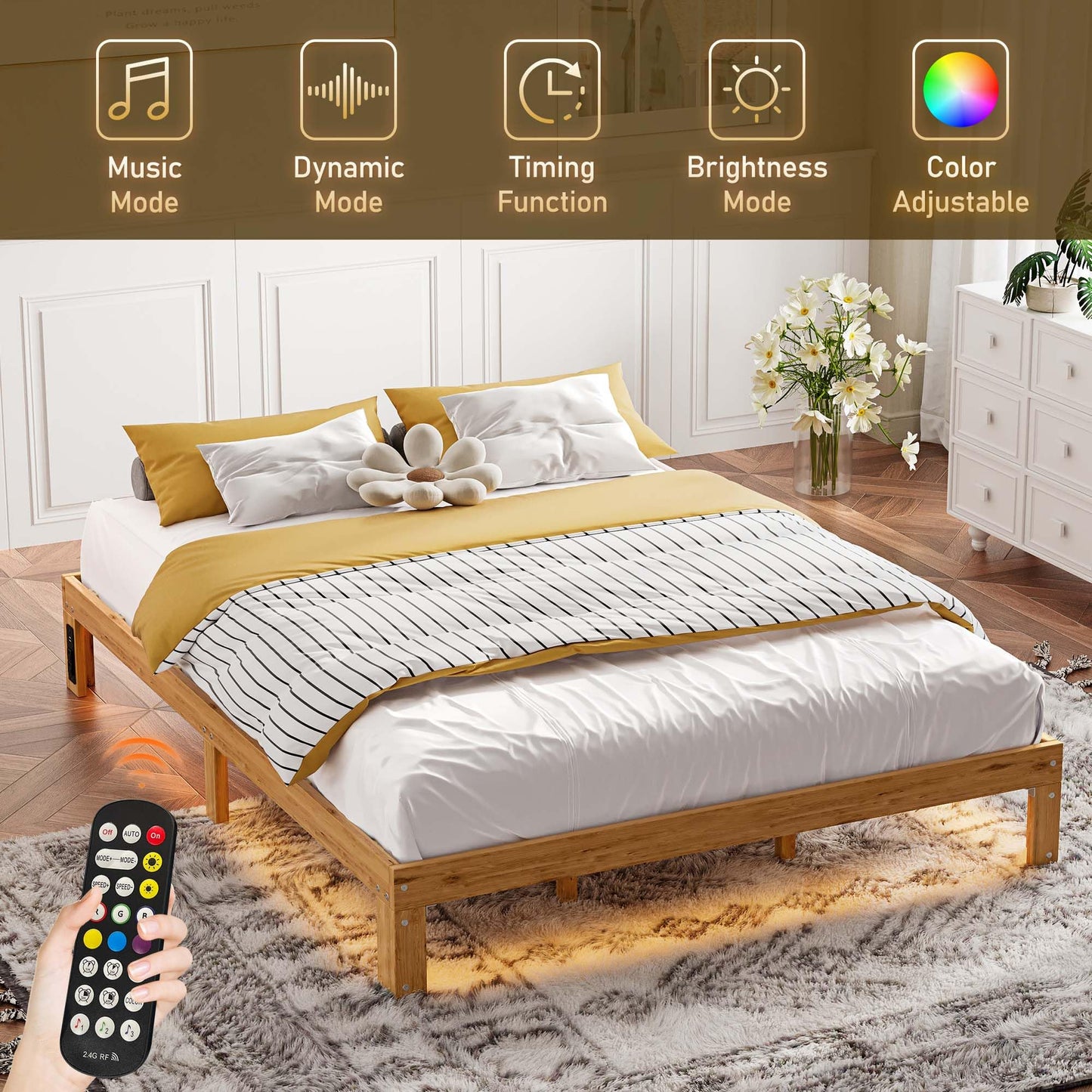 Suheww Wood Platform Bed Frame Queen Size, 12 Inch Bed Frame with Led Lights Mattress Foundation with Charging Station, Heavy Duty Wooden Slat Support, No Headboard, No Box Spring Needed