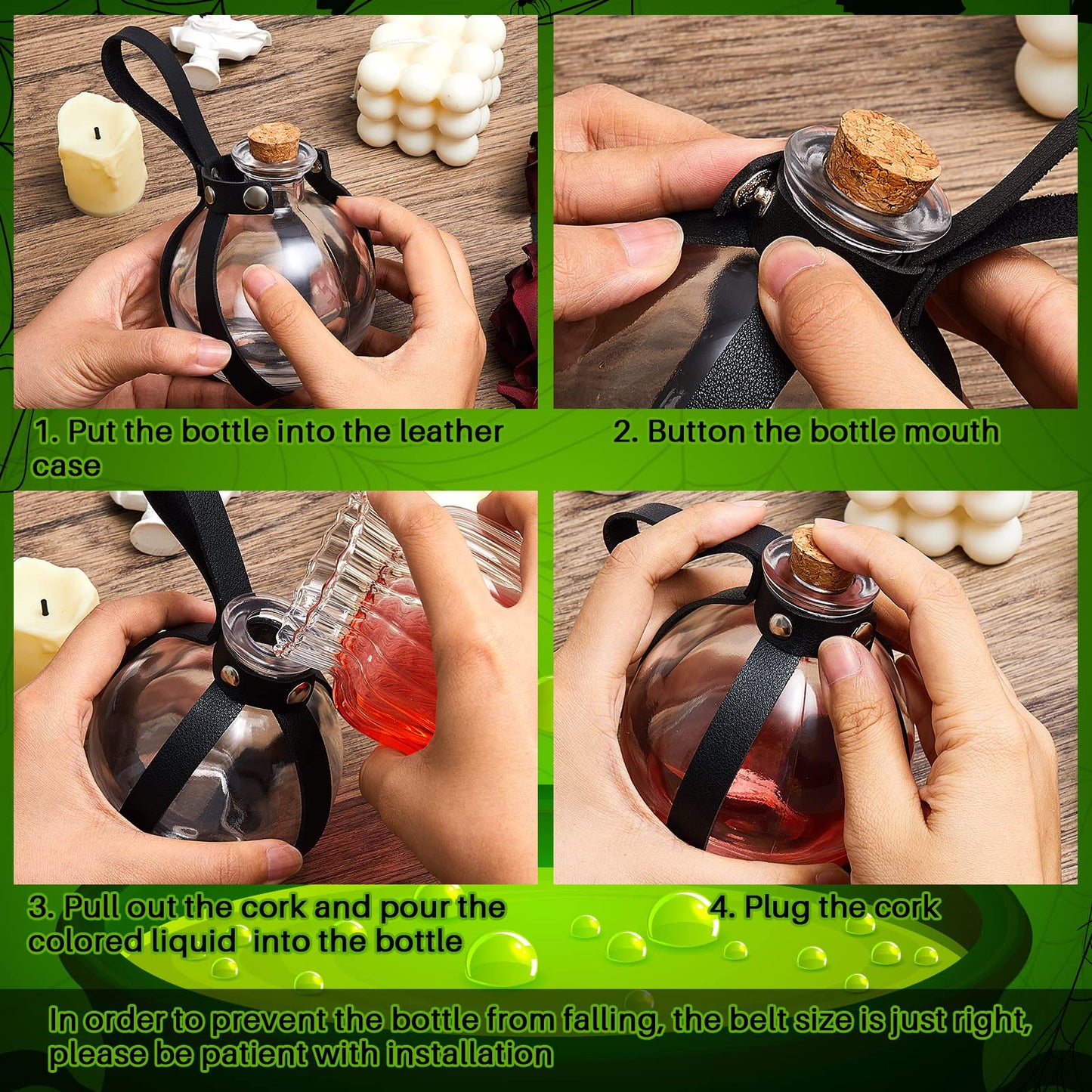 Patelai 2 Pcs Glass Potion Bottles Belt with Cork Renaissance Witch Costume Accessories Witch Props Spherical Potion Bottle for Cosplay Party DIY Crafts Halloween Decoration(Black)