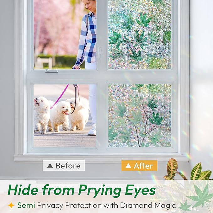 rabbitgoo Rainbow Window Privacy Film Decorative Stained Glass Diamond Pattern Window Sticker with Iridescent Tint Non-Adhesive Static Cling for Home Office Bathroom, Green Leaf 23.6 x 78.7 inch