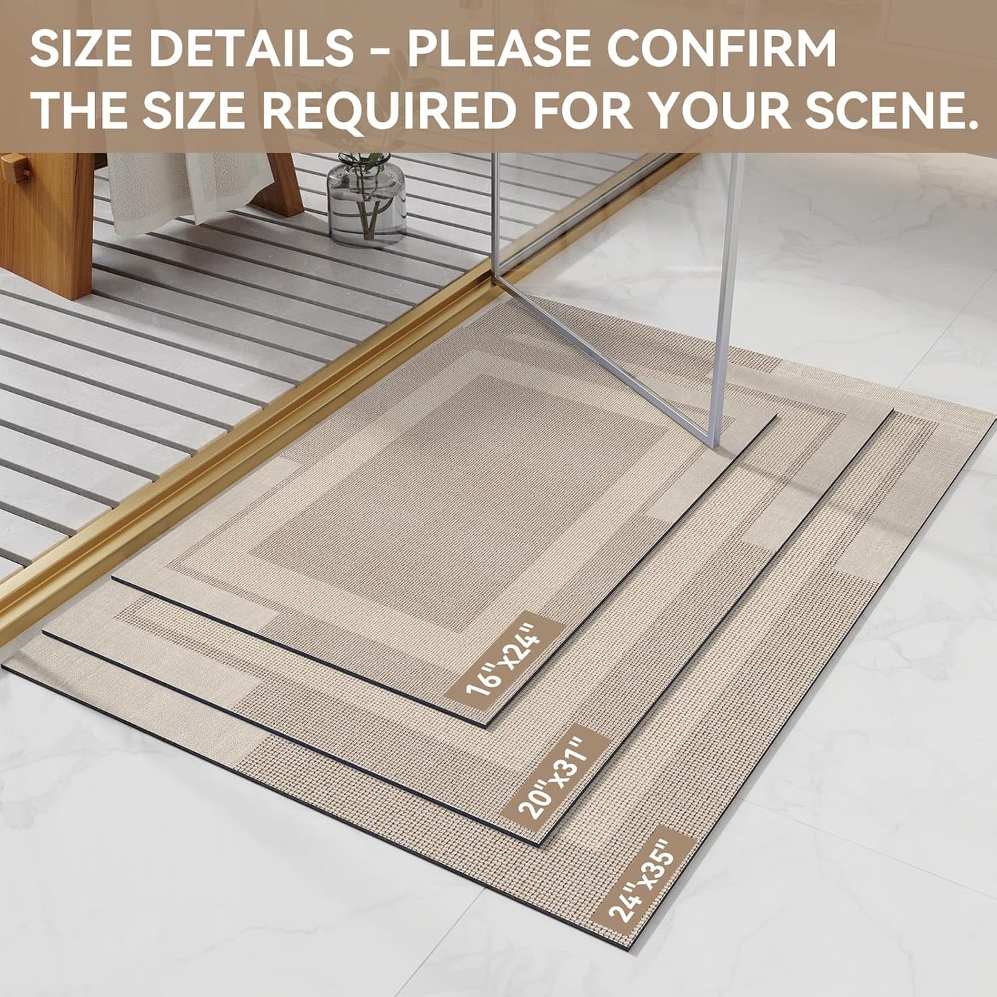 Non Slip Bath Mat, Rubber Backing Ultra Thin Bathroom Rugs Fit Under Door Quick Dry Super Absorbent Washable Bath Rug Shower Mat for Bathroom Floor Bathtub Shower Sink, Easy Care Beige 24"x 35"