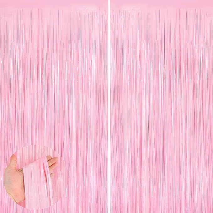 2Pack Pastel Pink Metallic Tinsel Foil Fringe Curtains, 3.3 X 8.3ft Pink Party Streamers Backdrop Curtains for Birthday Pa...