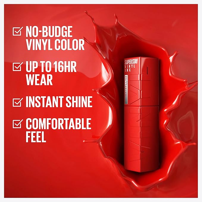 Maybelline Super Stay Vinyl Ink Longwear No-Budge Liquid Lipcolor Makeup, Highly Pigmented Color and Instant Shine, Wicked, Cool Red Lipstick, 0.14 fl oz, 1 Count