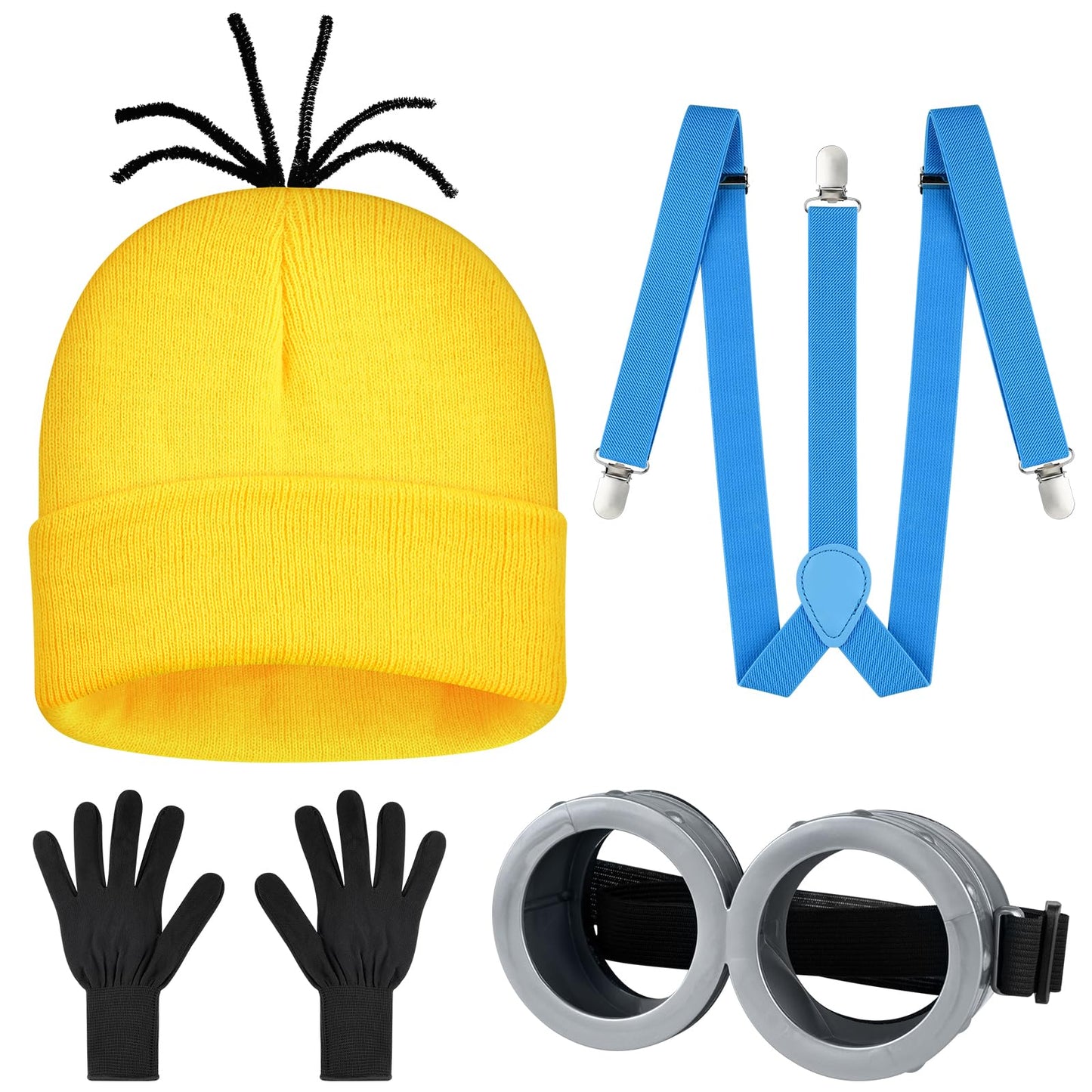 MEEZY 4 Pcs Yellow Cosplay Costume Accessories Adult, Yellow Beanie Suspenders Goggles Gloves for Men Women Halloween Costumes Party Cosplay Dress Up Set