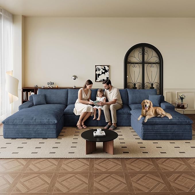 136" Cloud Sectional Couch U-Shaped Chaise with Ottoman, Corduroy Boneless Couch for Living Room Bedroom, Deep-Seat Upholstered Modular Cloud Sofa, No Assembly Required (Blue, Left Facing Chaise)