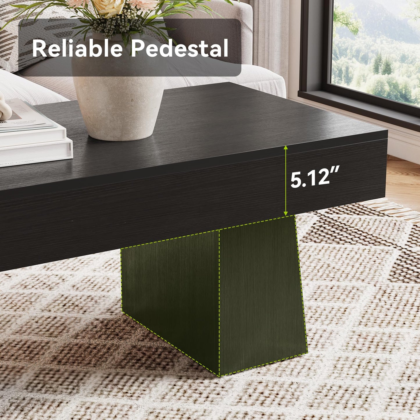 LITTLE TREE Farmhouse Coffee Table, 47 Inches Wooden Rectangular Accent Center Tables with Thick Base, Modern Low Cocktail Tea Furniture for Living Room (Black)
