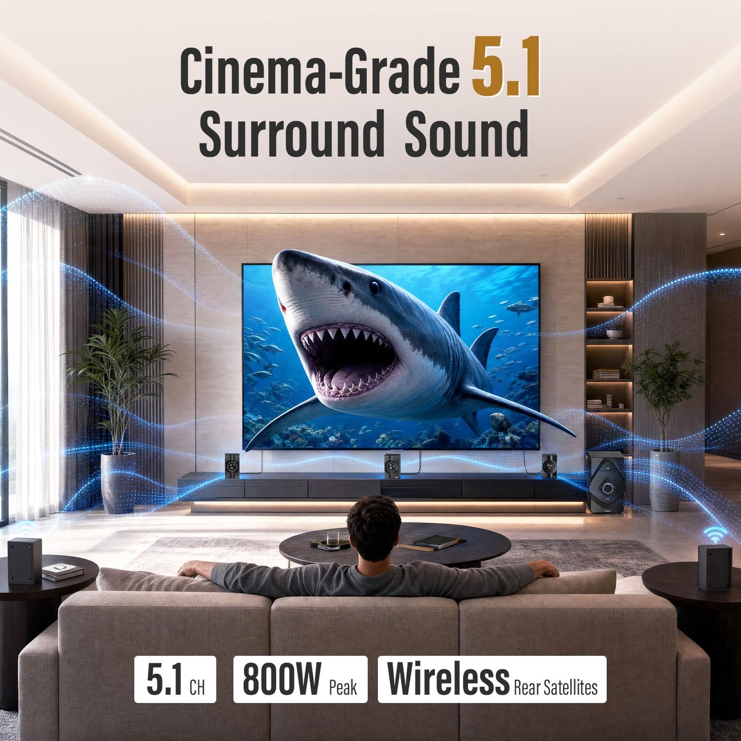 Bobtot Surround Sound Systems Wireless Rear Satellite Speakers - 800W 6.5inch Subwoofer 5.1 Surround Sound System for TV/2.1 Channel Home Theater Systems with ARC Optical Bluetooth Input
