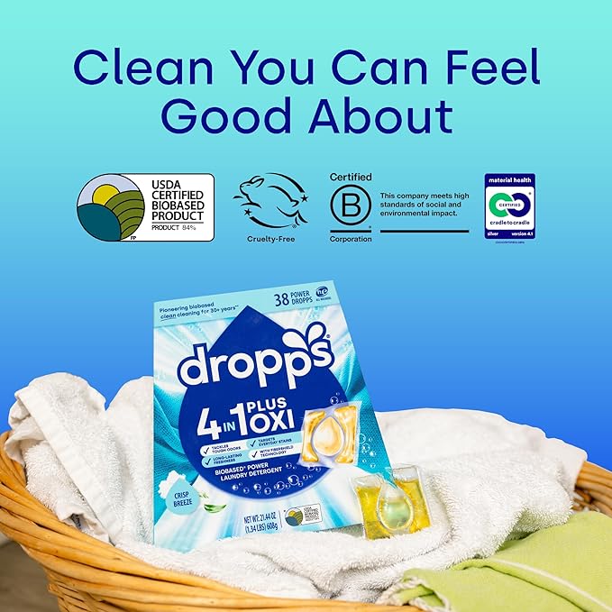 Dropps 4-in-1 Plus Oxi Crisp Breeze Power Biobased Laundry Detergent Pods (38 Pods) - Chlorine-Free Bleach Alternative Biobased Laundry Whitener, Stain & Odor Remover