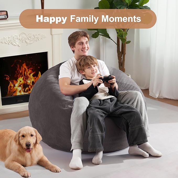 Homguava 3FT Bean Bag Chair: Teardrop Bean Bags with Memory Foam Filled, Compact Beanbag Chairs Soft Sofa with Corduroy Cover (Grey)