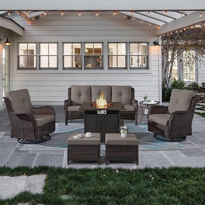 Belord Outdoor Patio Furniture Set with Propane Fire Pit Table, 7 Pieces Wicker Patio Conversation Set with 2 Swivel Glider Rocker Chair Rattan Sofa Grey Cushion Perfect for Casual Gathering