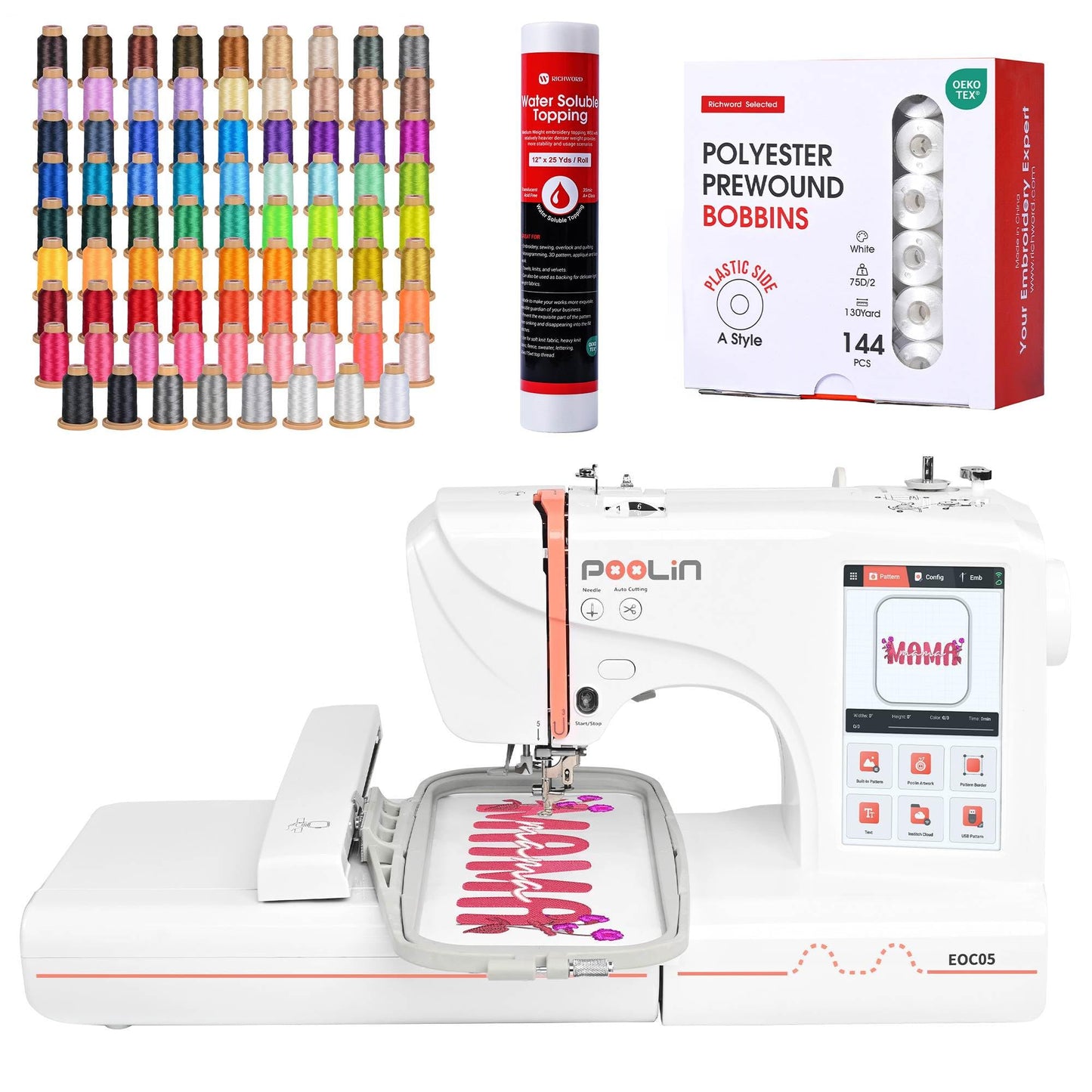PooLin EOC05 Pro Bundle with 80 Thread Spools, 144 Bobbins & Water-Soluble Topping Stabilizer Roll for Advanced Home Embroidery