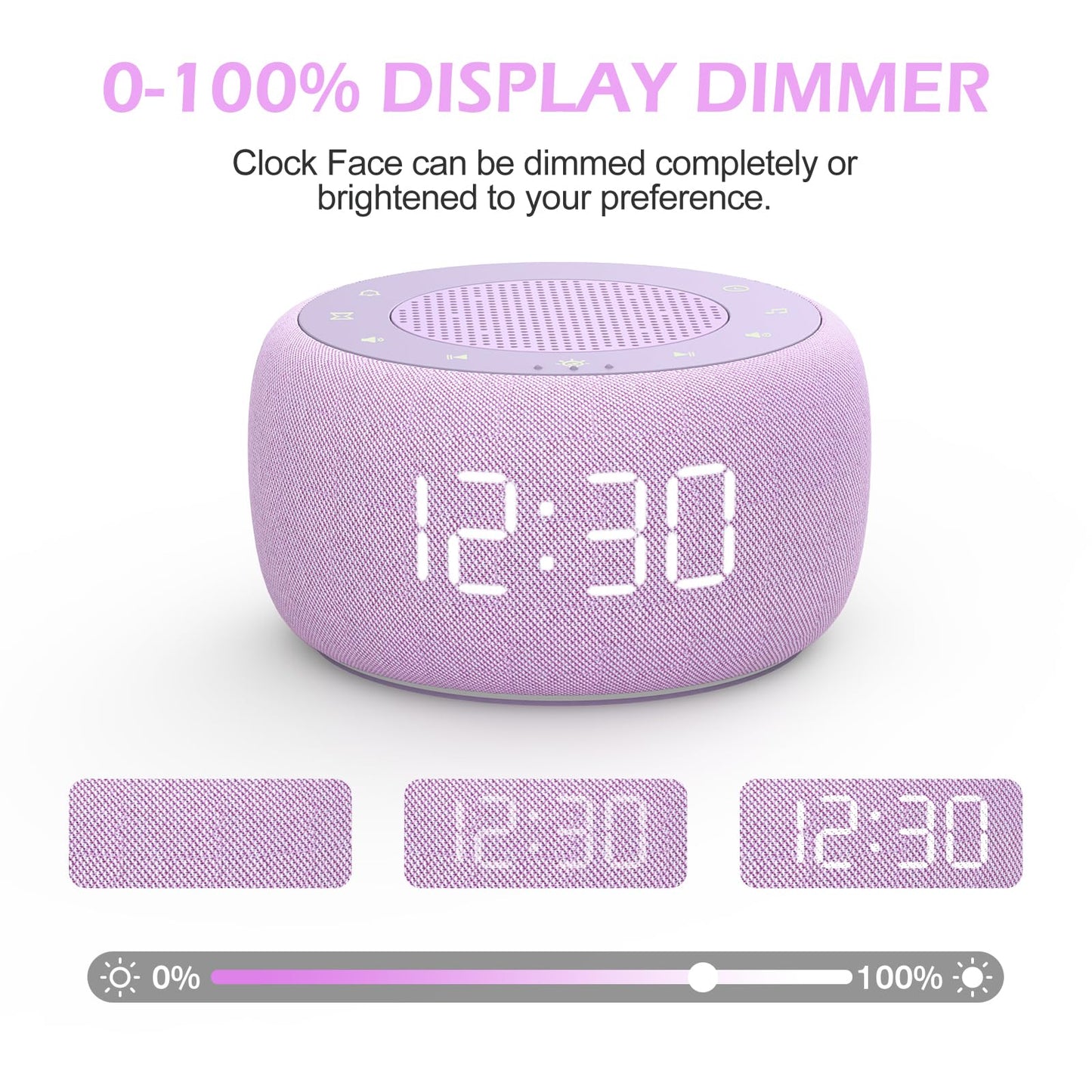 Buffbee Sound Machine & Alarm Clock 2-in-1, 0-100% Clock Face Brightness, Bottom Colored Light, Sleep Timer, Precise 30-Level Volume White Noise Machine, Digital Alarm Clocks for Bedrooms - Purple