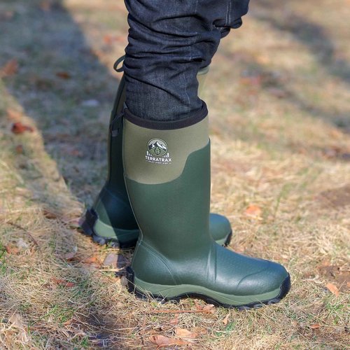 TerraTrax Men's Waterproof Insulated Rubber Hunting Boots – 6mm Neoprene Rain Boots for Outdoor Work, Fishing, Farming & Gardening Green Size 9