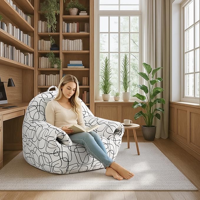Peace nest Bean Bag Chair with Memory Foam Filled Ultra Soft Jacquard Pattern Cover for Adults Comfy Fur Bean Bag Chairs with Armrests for Bedroom Living Room Office Dorm Reading Lines