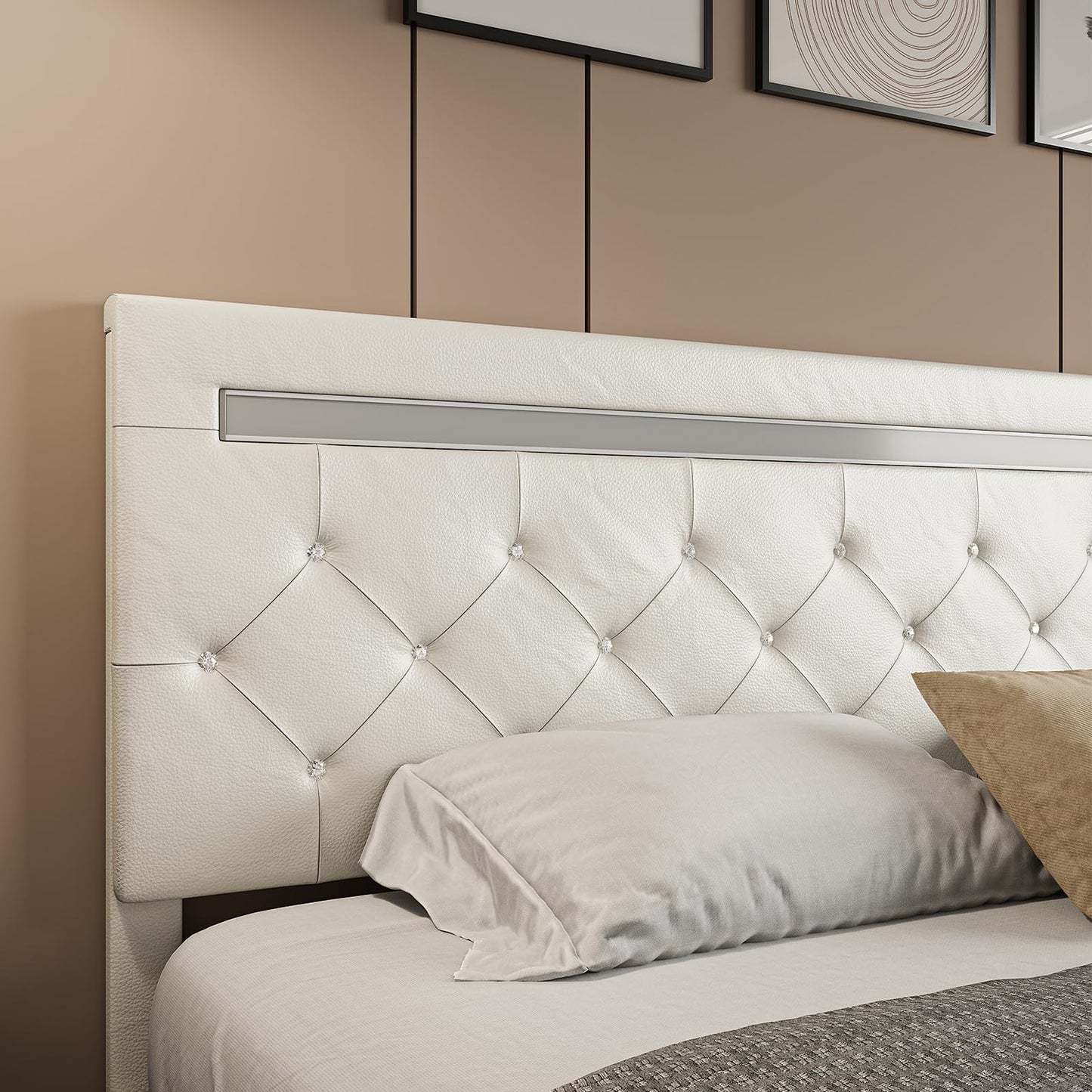 Benevika Full Size Bed Frame with LED Lights, Upholstered Platform Bed Frame, Adjustable Headboard with Charging Station, Wooden Slats Support, Easy Assembly, No Box Spring Needed, White