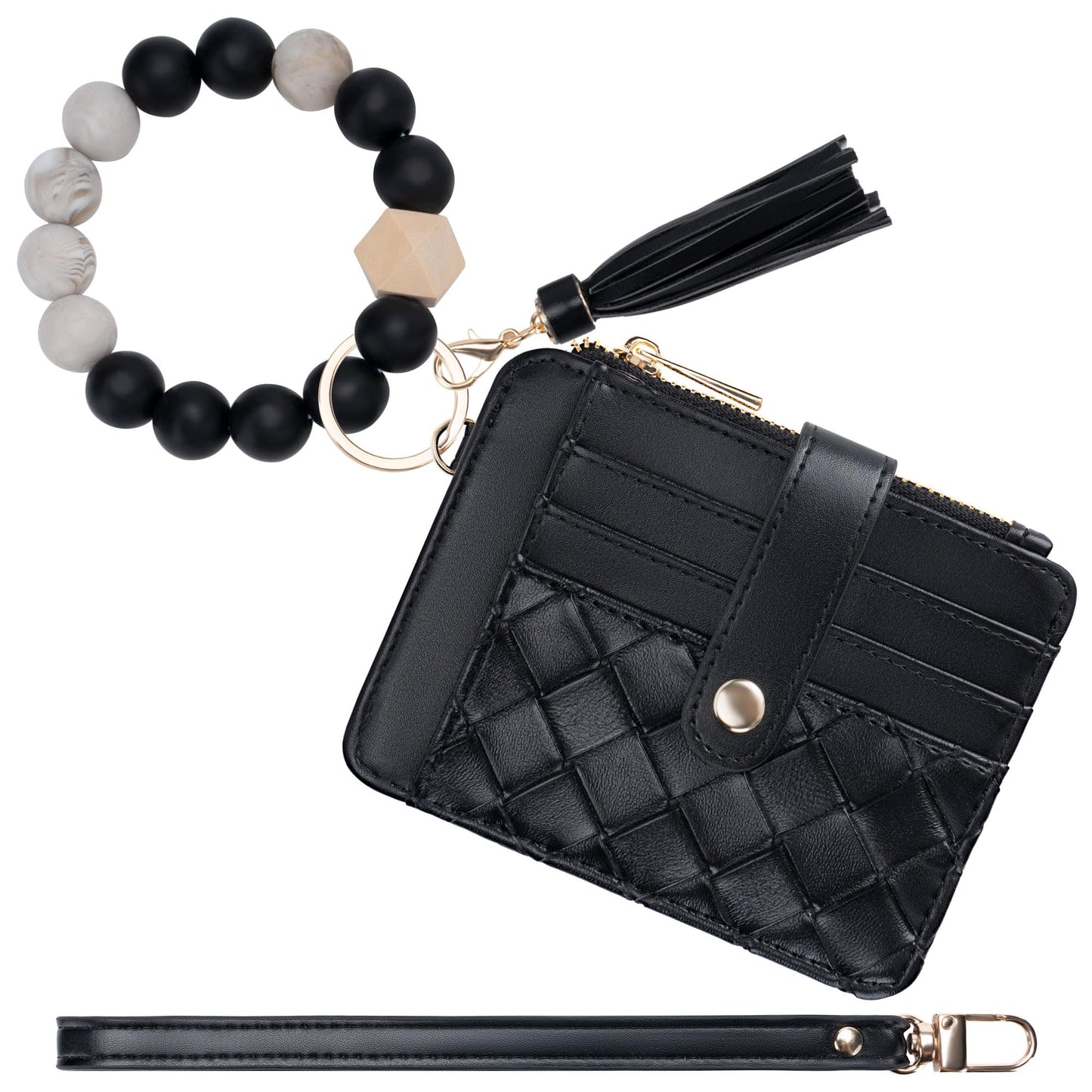 Airkit Keychain Wallet with Bracelet RFID Blocking Wristlet Credit Purse Card Holder, Silicone Bead Tassel Key Ring for Women