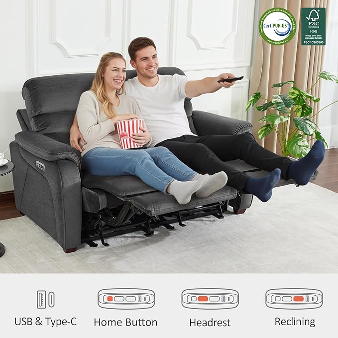 MCombo 61.6'' Wall Hugger Power Loveseat Recliner, Reclining Loveseat with Adjustable Headrest, USB Charge Ports, Wood Legs for Living Room, RVs, Small Spaces, Fabric ST258M1 (Loveseat, Dark Grey)