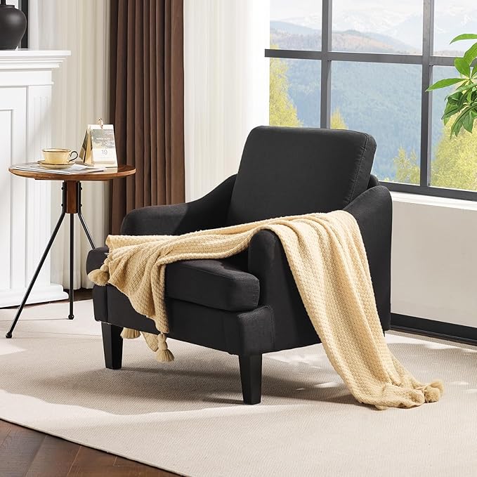 VINGLI Linen Fabric Accent Chair Black, Modern Upholstered Armchair, Comfy Sofa Chair Living Room Bedroom Furniture for Apartment