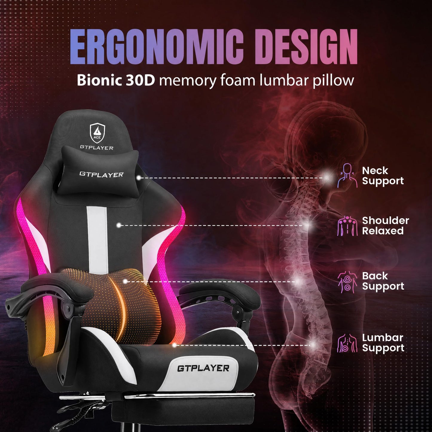 GTPLAYER RGB Gaming Chair with Footrest, LED Lights, Ergonomic Computer Chair with Linkage Armrest, Breathable Fabric for Home Office Desk - Video Game Chairs for Adults