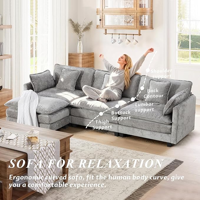 SoarFlash 113.78" Chenille Sectional Sofa, Comfy L Shaped Modular Coush Sofa with Ottoman, Modern 4 Seat Couch Deep Seat Sofa Set for Living Room,Grey