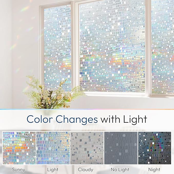 rabbitgoo Window Privacy Film Rainbow Window Film, Mosaic Decorative Stained Glass Cling, Removable Static Cling Tint UV Blocking, Non-Adhesive Privacy Covering, 23.6 x 118.1 inches