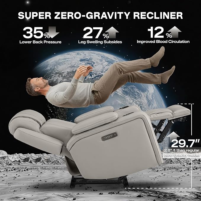 Watson & Whitely Super Zero Gravity Recliner Chair, Oversized Genuine Leather Electric Recliner W Power Adjustable Headrest & Lumbar Support Hidden Storage for Living Room, Light Grey