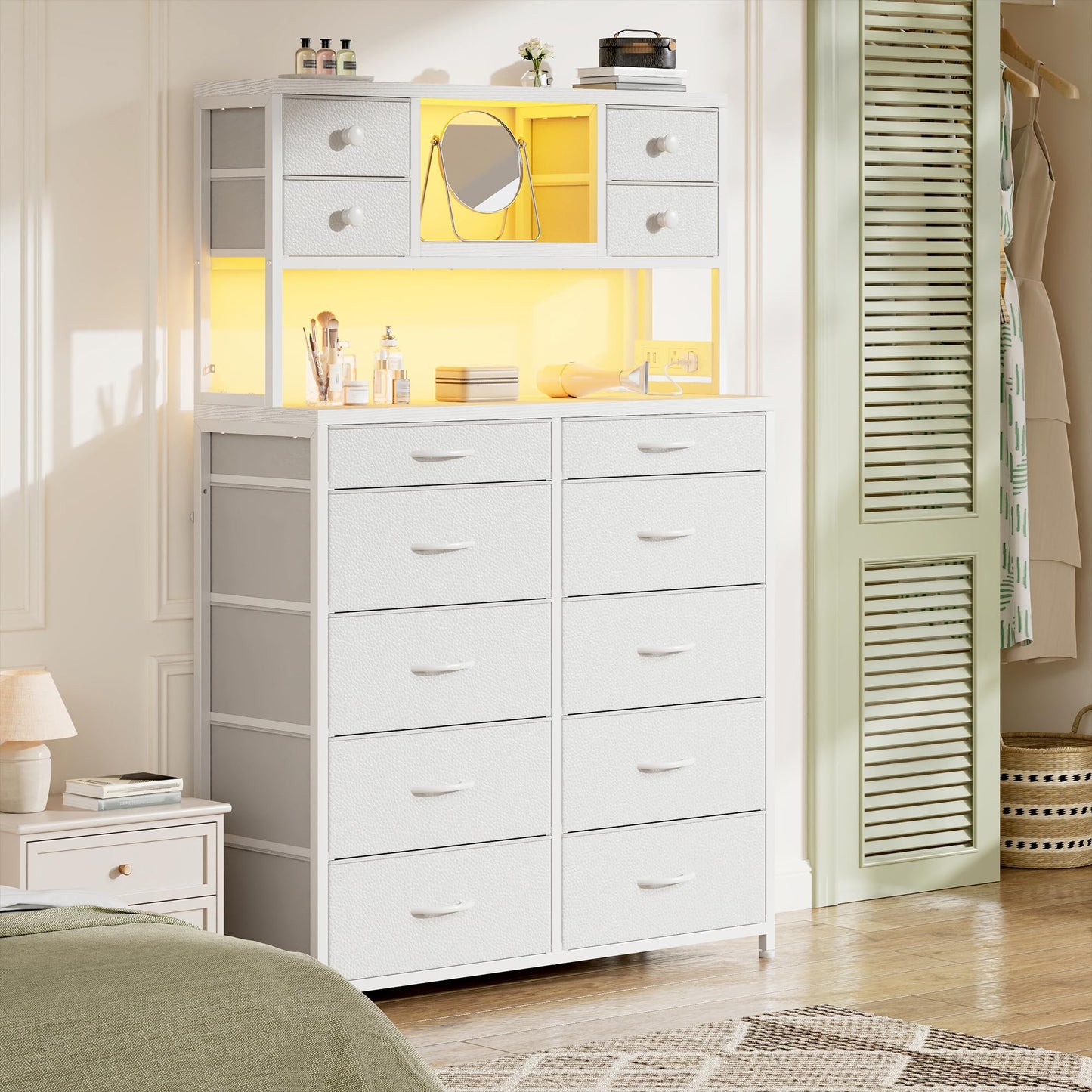 Tall Dresser for Bedroom with 14 Fabric Drawers,White Dresser with Charging Station and LED Lights,Dressers & Chests of Drawers for Bedroom, Steel Frame & Wooden Top for Closet, Entryway