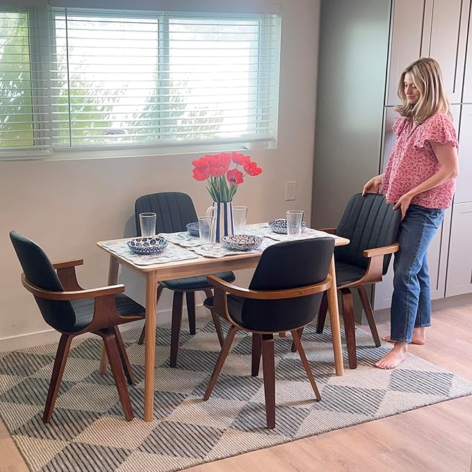 Swivel Dining Chairs Set of 4, Mid Century Modern Dining Chairs with Walnut Craftsmanship, Upholstered Faux Leather , Wooden Arms and Legs, Kitchen Chairs with Arms for Kitchen/Living Room - Beige