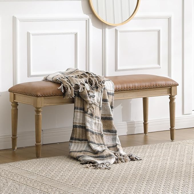 DM Furniture 46'' French Country Entryway Bench Wooden Faux Leather Upholstered Seat Dinng Bench with Nailhead Trim for Hallway End of Bed, Brown