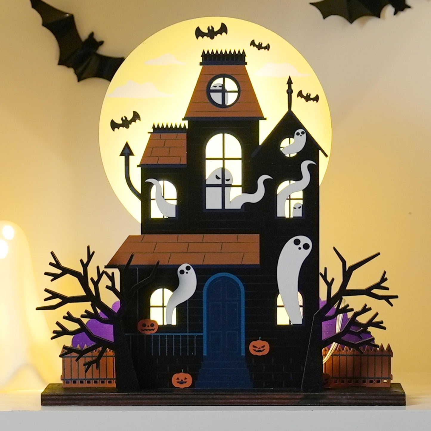 FESTGLOX Halloween Haunted House Decorations, Detachable Light Up Ghost House, Wooden Halloween Tabletop Decorations, Battery Operated Lighted Houses Village Indoor Spooky Decor
