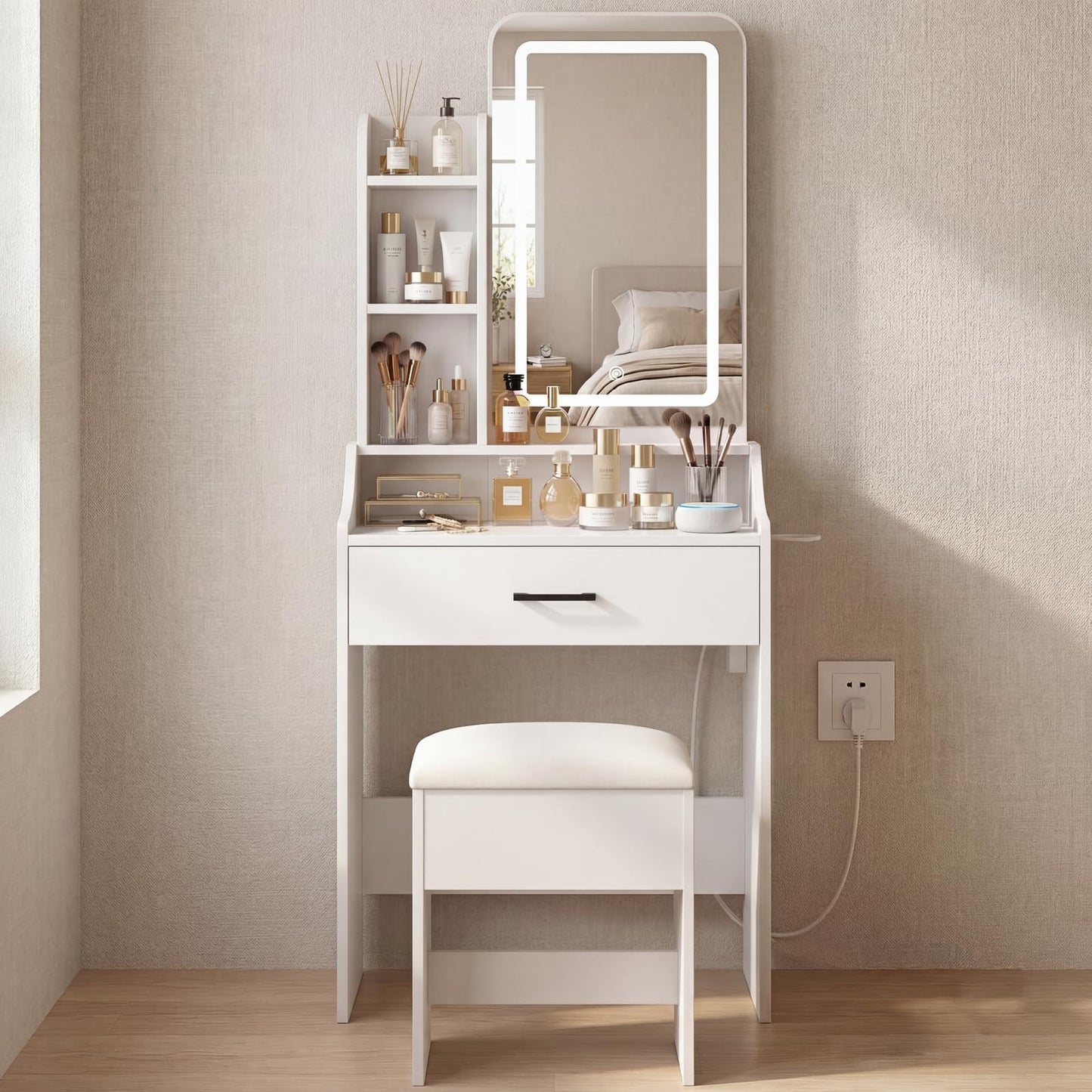 HAPPYMONT Small Vanity Desk with Charging Hub and Hair-Dryer Holder, Make up Mirror and Light Stepless Dimmable, Bedroom Dressing Table for Makeup, White