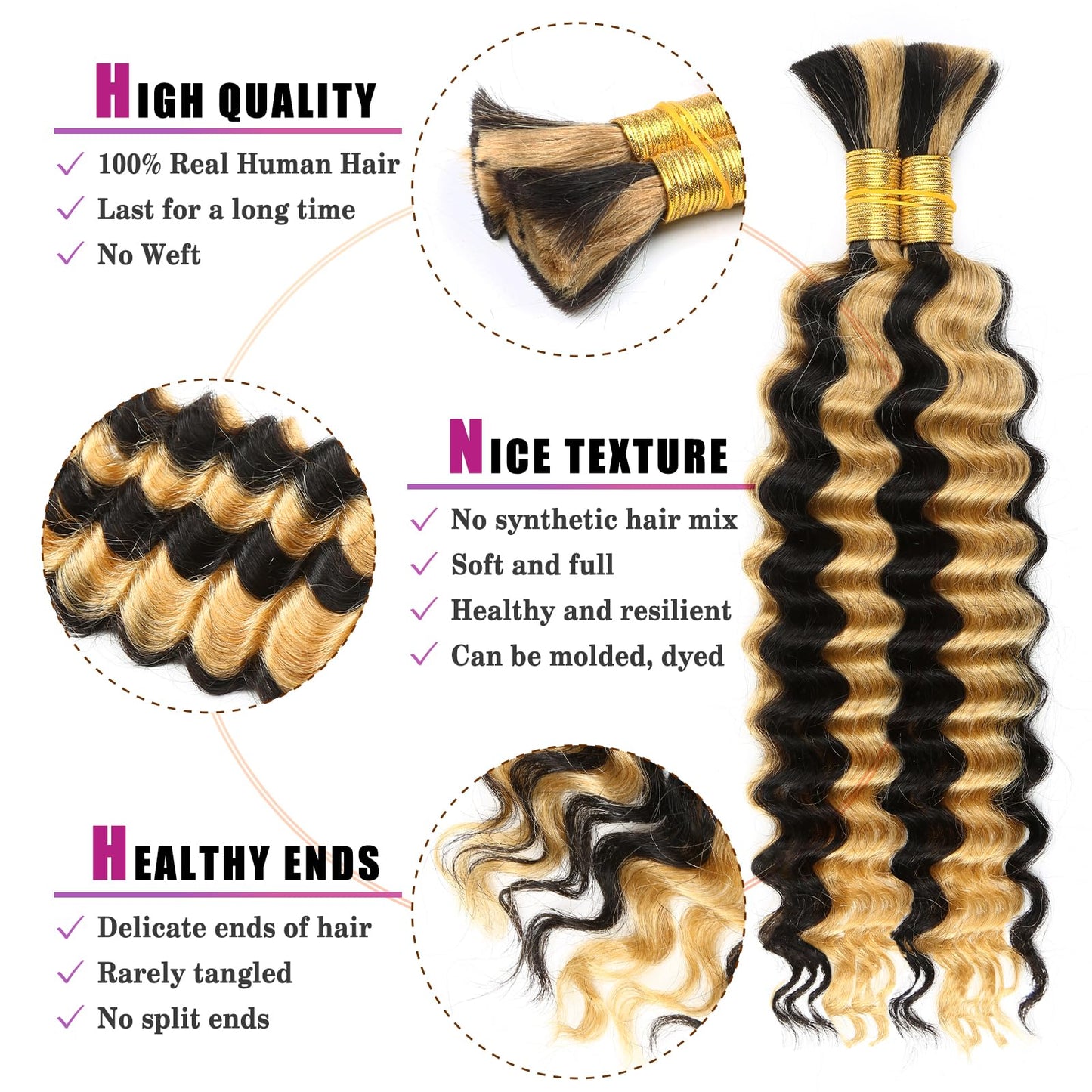 1B/27 Highlight Honey Blonde Human Braiding Hair Deep Wave Bulk,Black and Blonde No Weft Curly Braiding Hair Extensions for Boho
