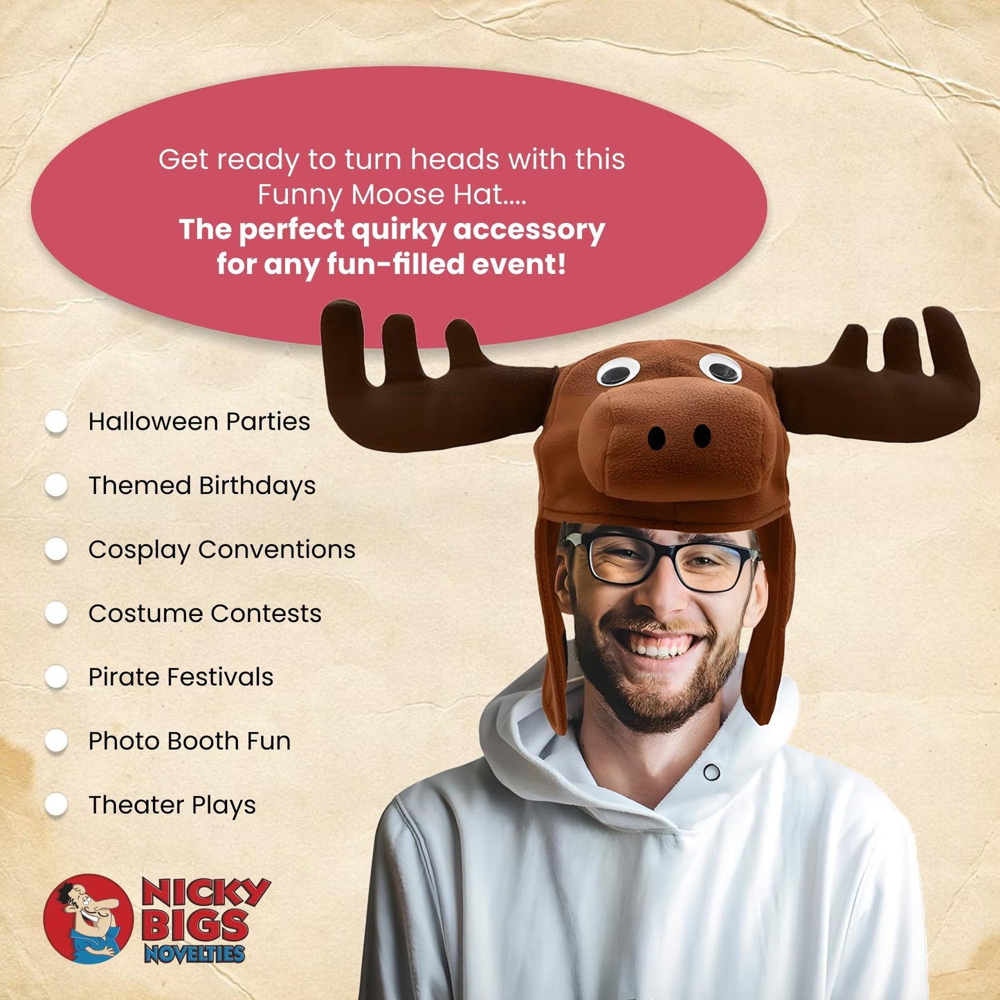 Nicky Bigs Novelties Funny Hats for Men & Adults Moose Hat with Stuffed Animal and Wacky Eyes, Moose Antlers Headband Hilarious Animal Hat for Cosplay, Halloween Costume, Party Accessory