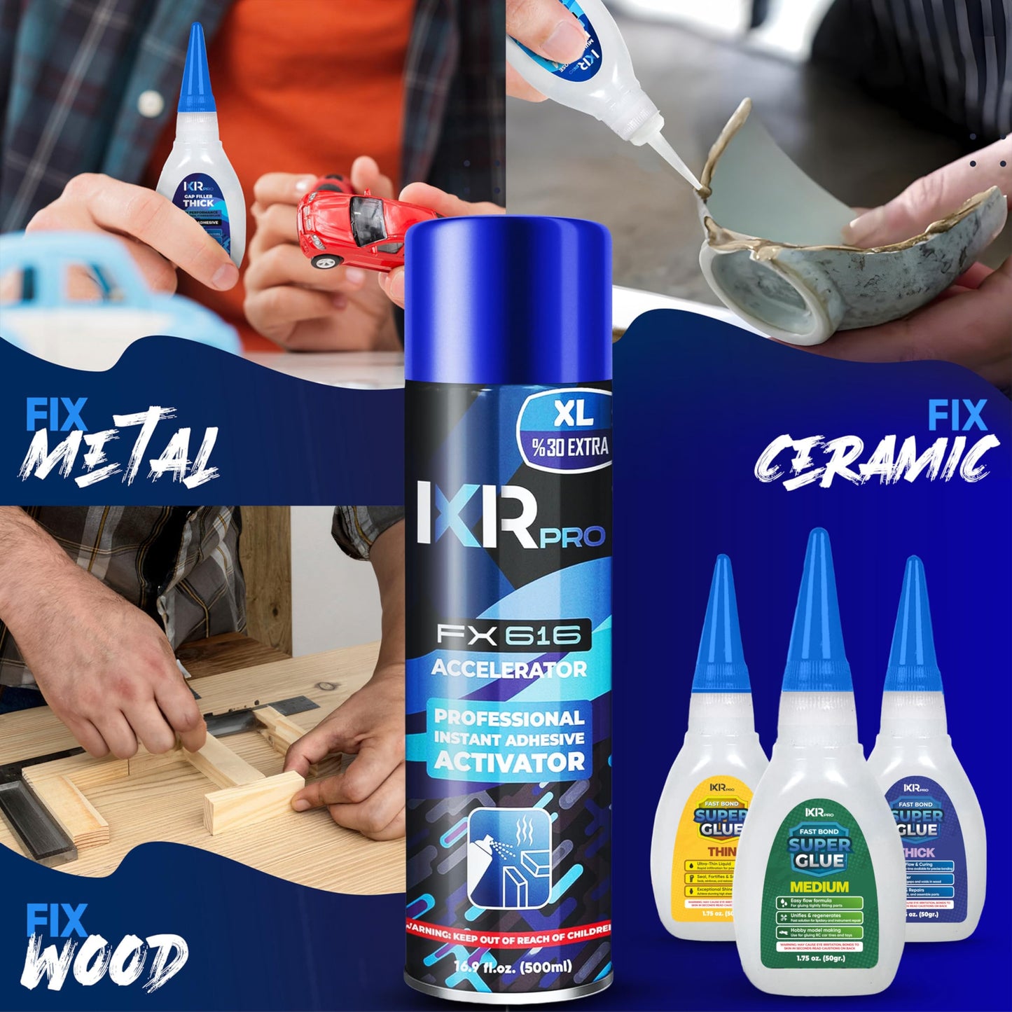 CA Glue with Activator Kit (3x1.75 oz. Thin-Medium-Thick + 16.9 fl.oz.) Cyanoacrylate Glue and Activator, Super Glue Accelerator, Super Glue for Wood, Woodworking, Plastic, Guitar, 3D Printing