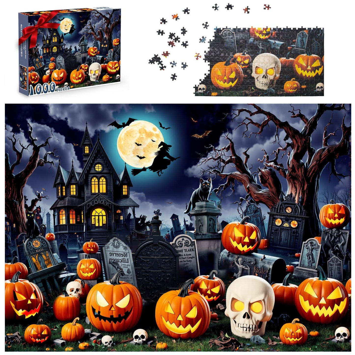 Halloween Puzzles 1000 Pieces-Creative Play & Haunted House Pumpkin,Witch,Skeleton,Ghost,Grave Theme Puzzles-for Holiday Party Gifts or Halloween Home Decorations