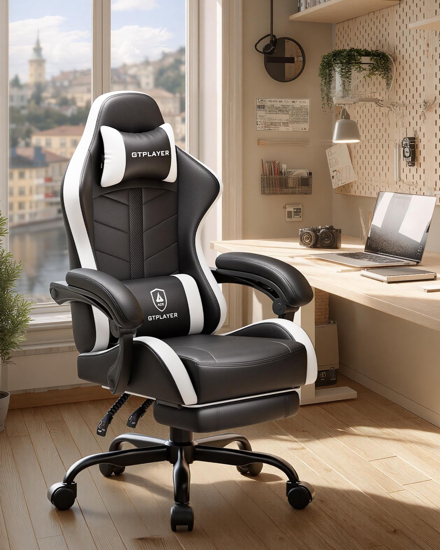 GTPLAYER Gaming Chair, Ergonomic Game Computer Chairs with Foot Rest for Adults, Adjustable PC Game Chair with Reclining Function and Comfortable Headrest for Home and Office Use (White)