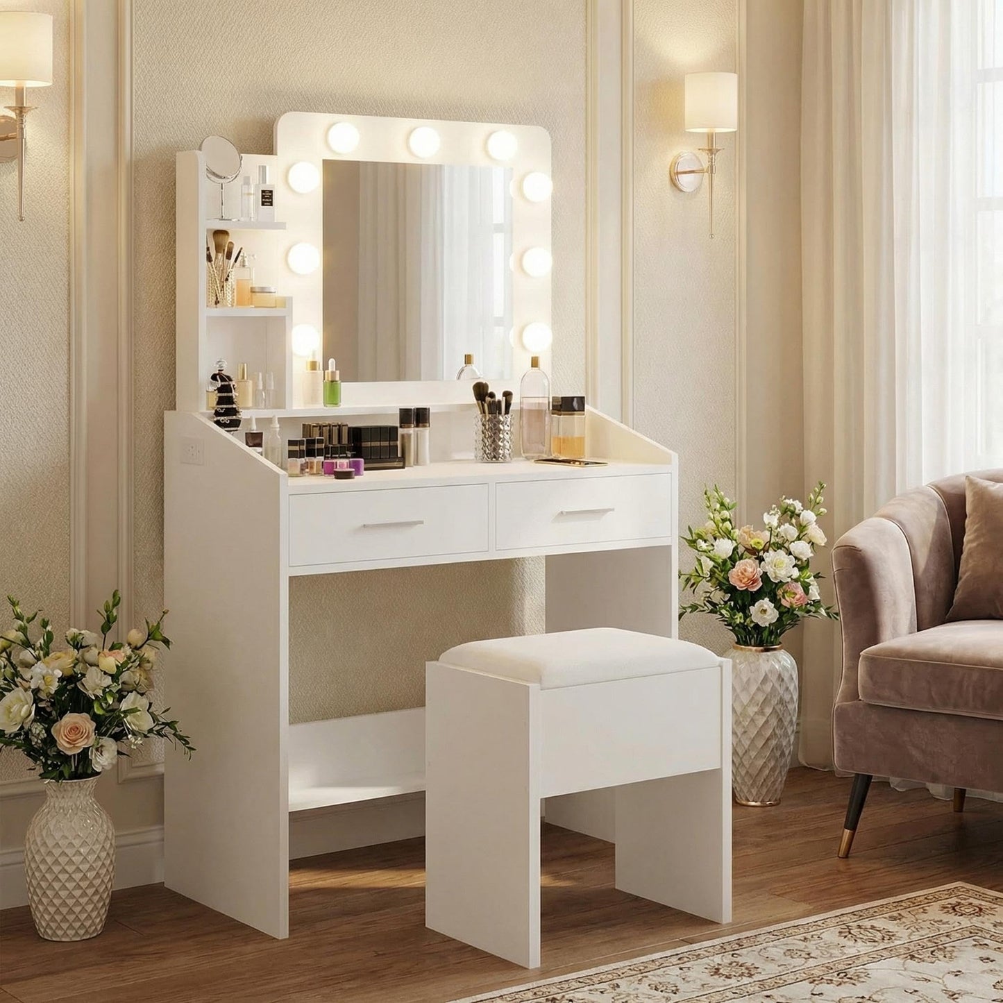 PeacefulHues Modern Vanity Desk with Lighted Mirror & Upholstered Stool, Makeup Table with 2 Spacious Drawers and 3-Color Dimmable LED Lights, Elegant Bedroom Vanity Set for Women and Girls