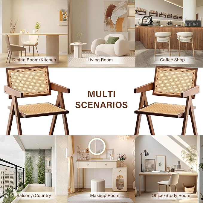 Furlide Rattan Accent Chairs, Modern Mid Century Dining Chairs Set of 2, Comfy Armchairs, Outdoor Rattan Chairs with Armrest for Bedroom Living Room Reading Room Dining Kitchen, Brown