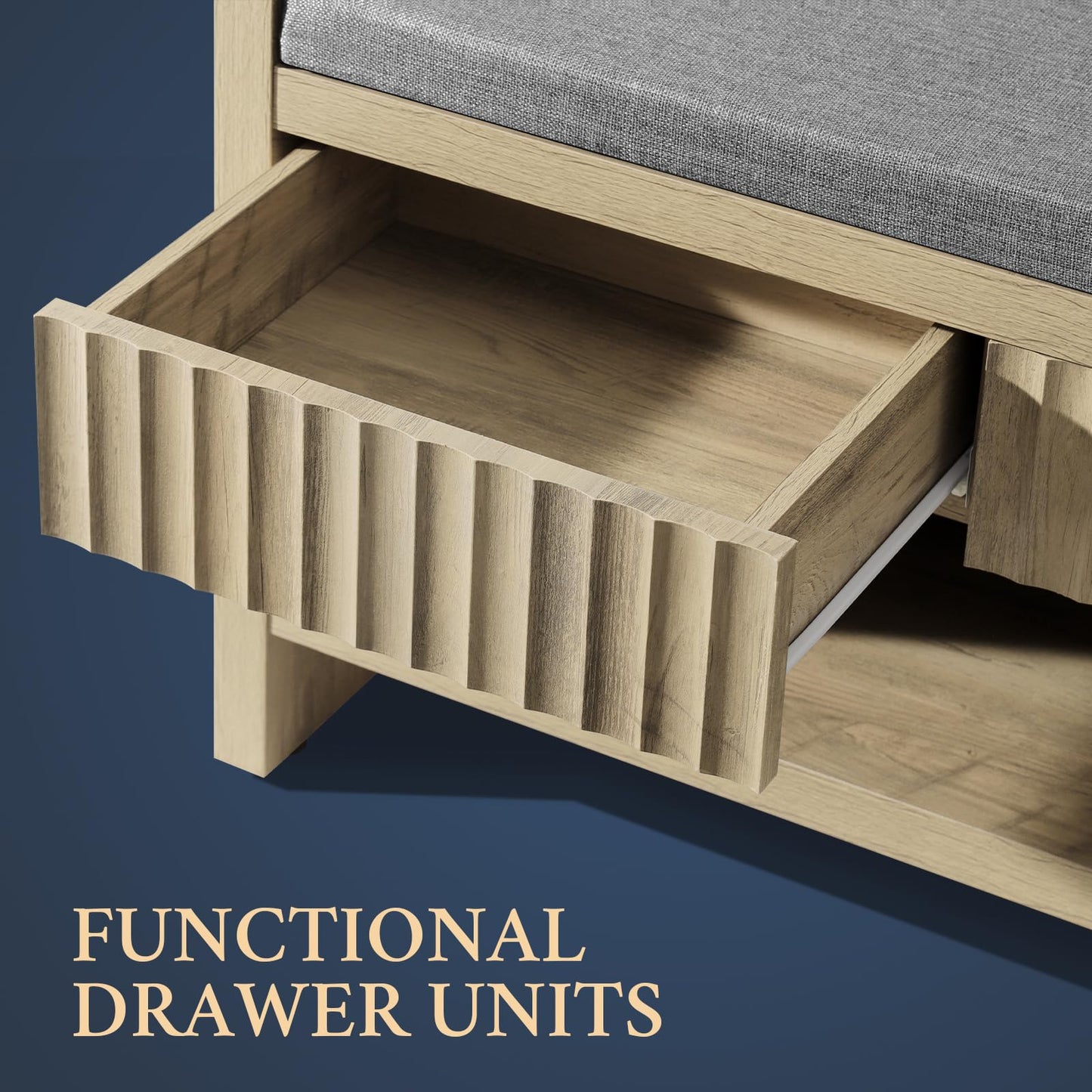 OAKHAM HOME Fluted Shoe Bench with 2 Drawers, Heavy Duty Entryway Storage Stool with Soft Linen Seat Cushion, Shoe Rack Organizer with Shelf for Hallway Living Room Bedroom (Sunwashed Ash Oak)