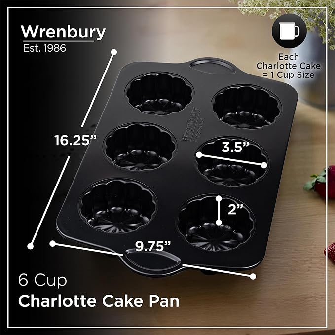 Wrenbury Mini Charlotte Cake Pan - Non-Stick & Food Safe, 6-Cup Fluted Mold, Includes Recipe Book, Easy Release & Clean, Perfect for Buntz Cakes