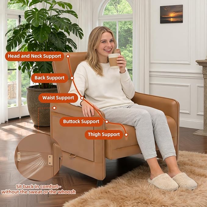 Tbillionnext Upholstered Accent Sofas Set of 2, Modern Faux Leather Sofa Chairs with Hidden Foldable Tray & Side Pocket, Rear Contour Arm Design, Small Accent Sofas for Living Room, Brown